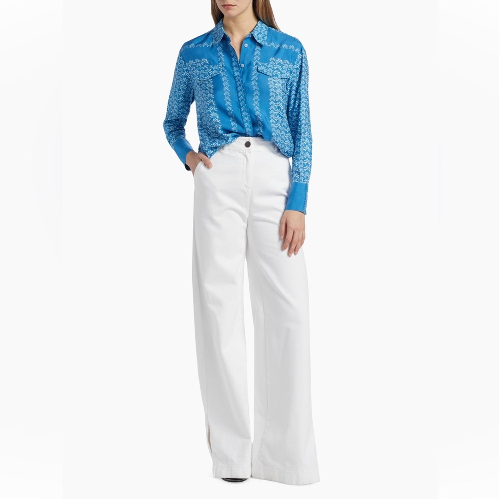 Toccin Annika Floral Satin Blue Patterned Satin Button-Up Blouse - Women